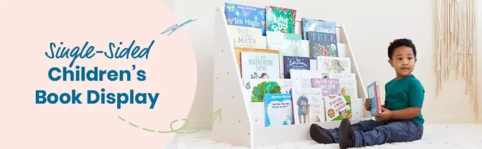 Single-sided kids book display bookshelf natural wood front view