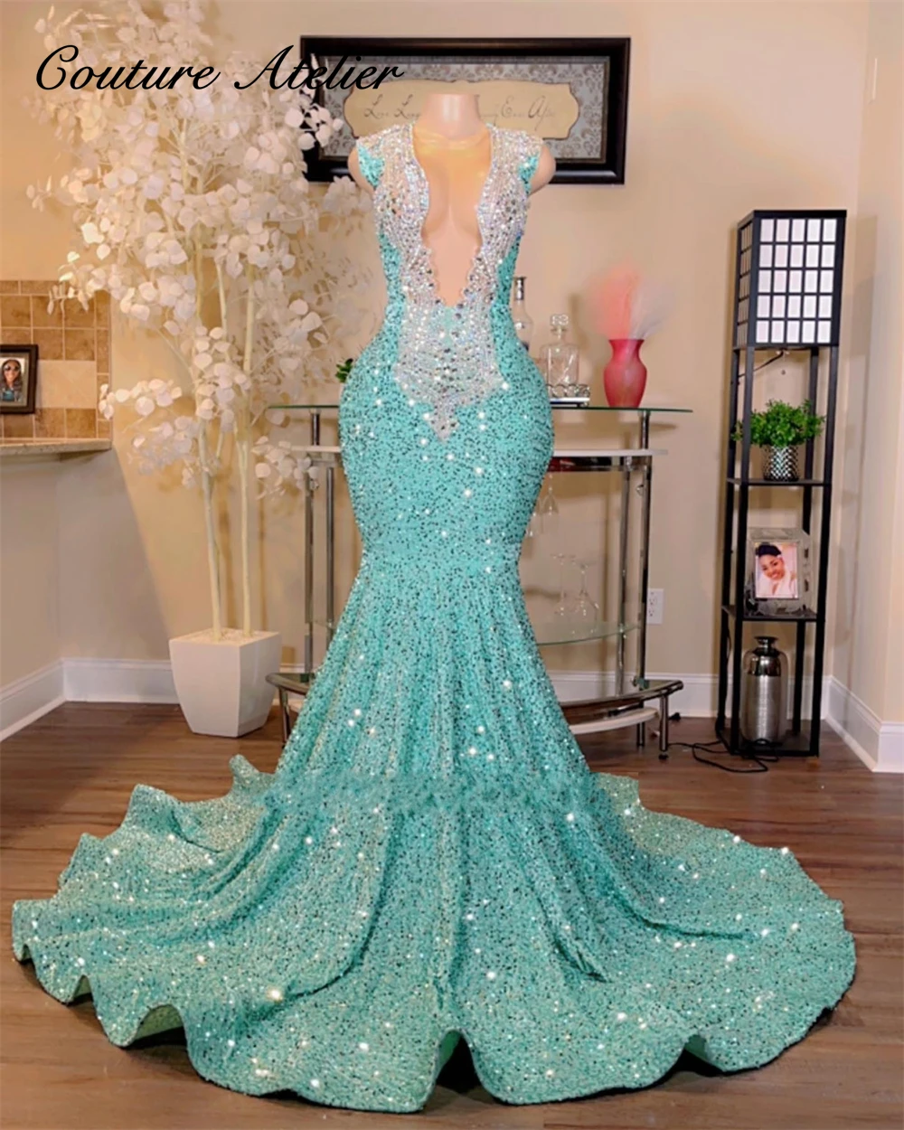 

Characteristic Mint Green Sequin Mermiad Prom Dresses For Black Girls Rhinestone Mermaid Elegant Dress Wedding Party Formal robe