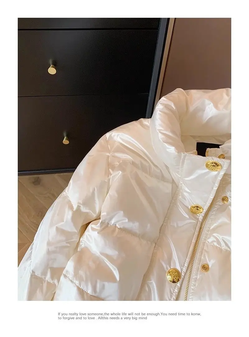 Chic Design White Parkas Women Puffer Jacket Puffy Coat Button Winter Warm Thick Long Sleeve Short Jacket Stand Collar Outerwear