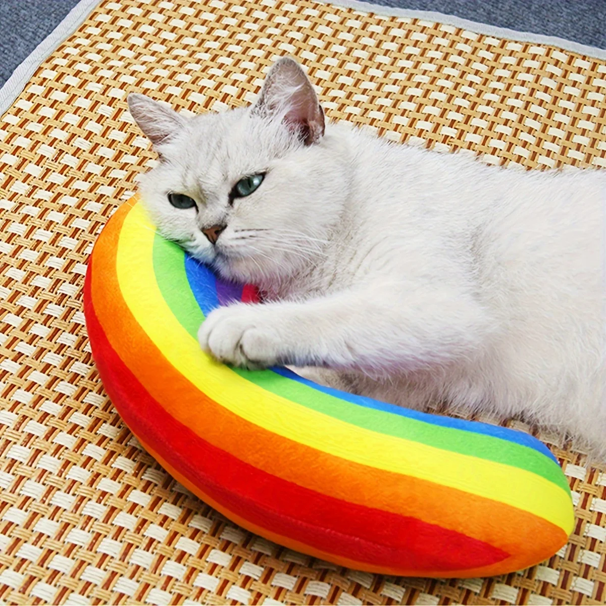 1pc Rainbow-Shaped Cat Hug Pillow, Colorful Fabric Pet Toy, Cat Cushion, Soft Plush Kitten Play Accessory