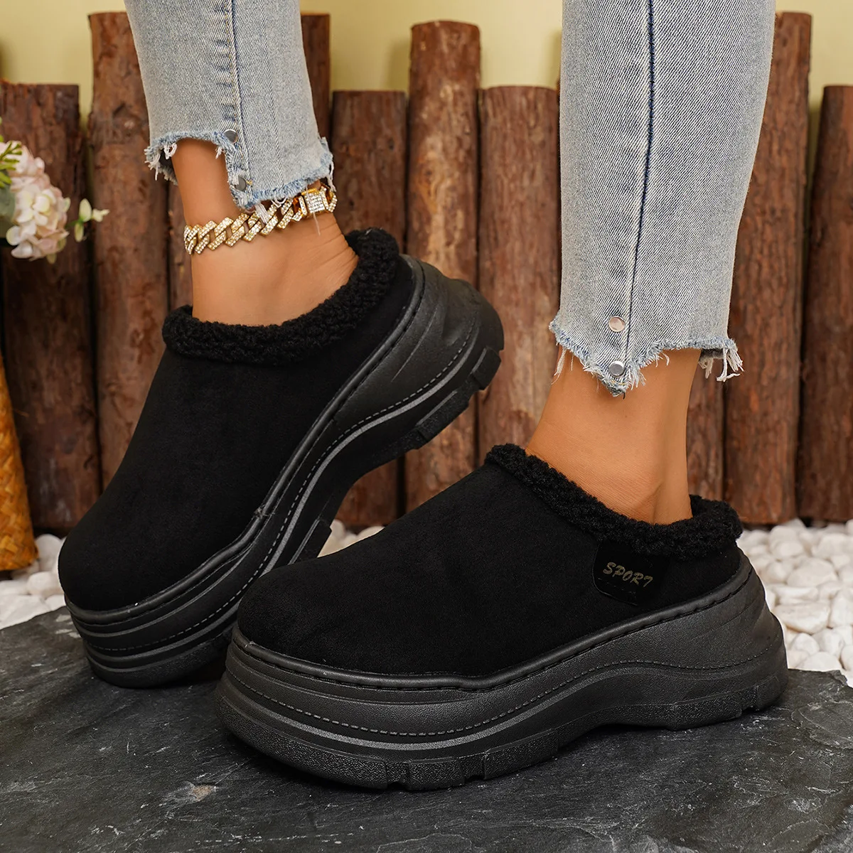 Faux Suede Wedges Cotton Slippers Women Outdoor Plus Size 45 Chunky Platform Snow Boots Woman 2025 Non Slip Warm Fluffy Slippers