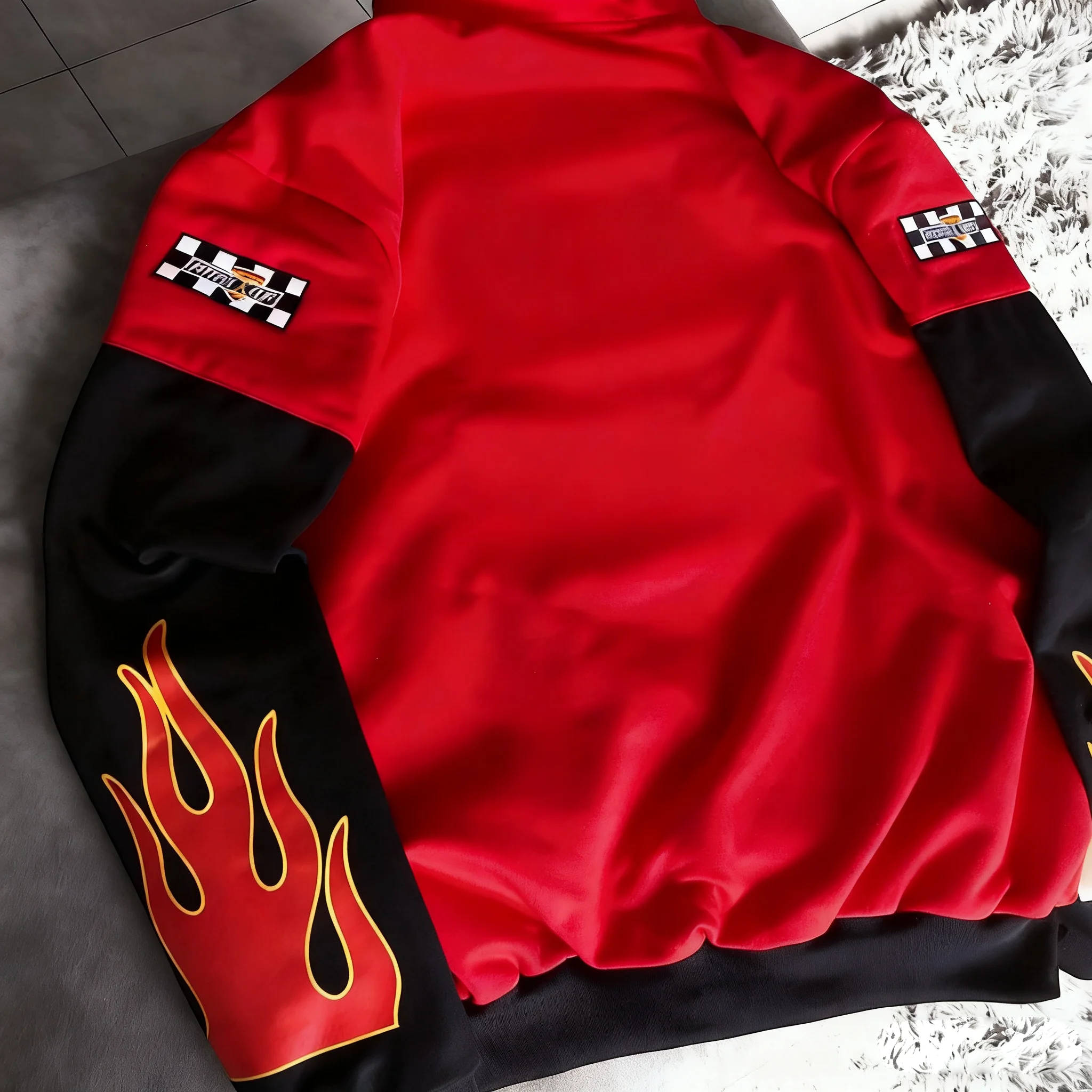 Mens and Womens Red Black Racing Style Baseball Jacket with Flame Pattern Number 95 Single Breasted American Style Outdoor Wear