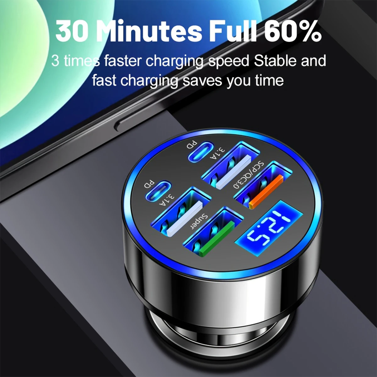 100W PD 6 Port PD QC 3.0 LED Digital Display Car Charger for iPhone 15 Pro Max Samsung Xiaomi Huawei iPad Fast charging adapter phone charger car charger phone charger adapter car phone charger