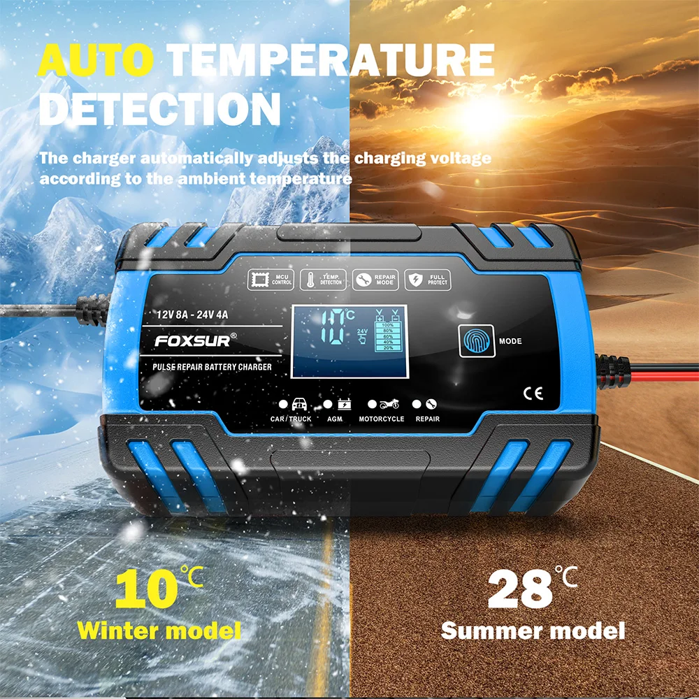 FOXSUR Autobatterieladegerät 12V 8A 24V 4A Touchscreen Pulsreparatur LCD Schnelles Aufladen Nass Trocken Bleisäure Digitales LCD-Display – Detail 3