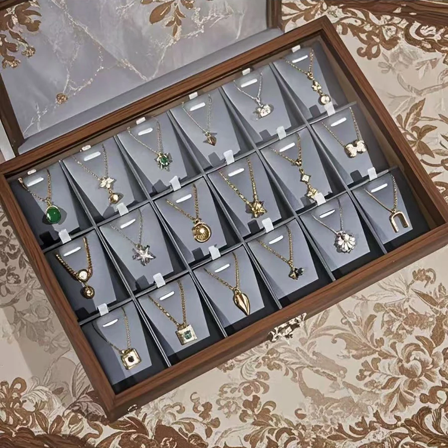 Walnut Wooden Nelace Pendant Jewelry Box 8K Gold Plated Chain Fine Bracelet Display Storage Box Korean Sle Unloed