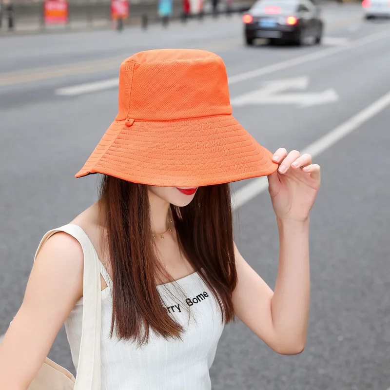 Double Sided Solid Color Flat Top Leisure Large Eave Fisherman Hat Lightweight Shading Foldable Detachable Windproof Rope
