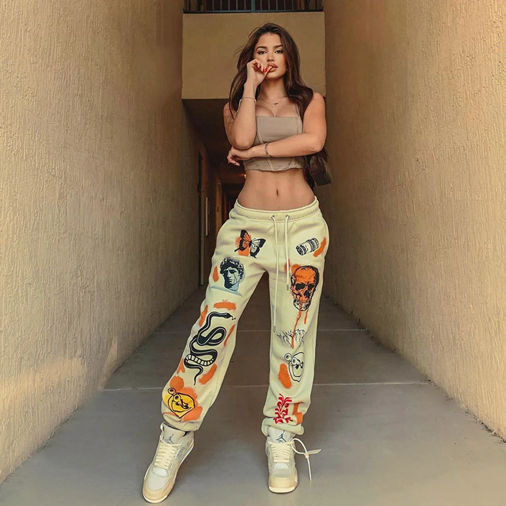 2024 Winter Women Sweatpants Joggers Y2K Harajuku Cartoon Skull Printed Streetwear Sweatpants Pants Casual High Waist Sweatpants