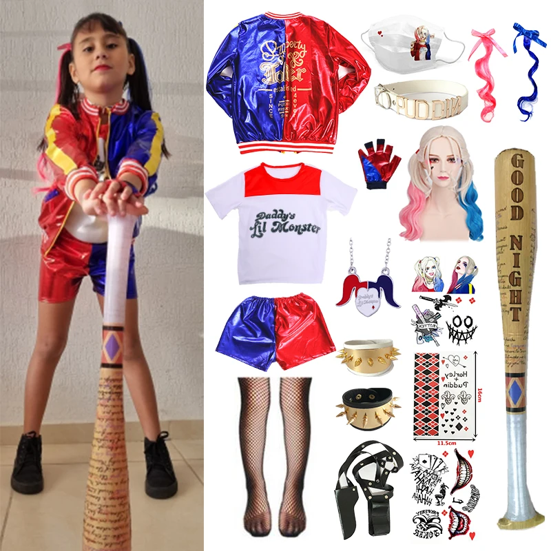 Harleen Quinzel Kids Girls Costumi Cosplay Fantasia Arlequina Halloween Party Dress Jacket Baseball Bat Clothes Set