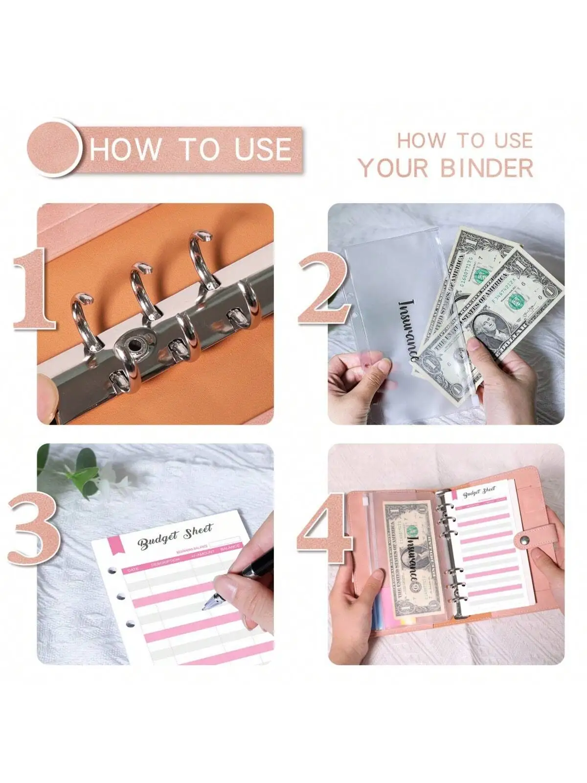 A6 Faux Leather Button Closure Loose Leaf Binder With Cash Envelope Pockets & Replacement Storage Bag ,Used for Bookkeeping, Sav 2