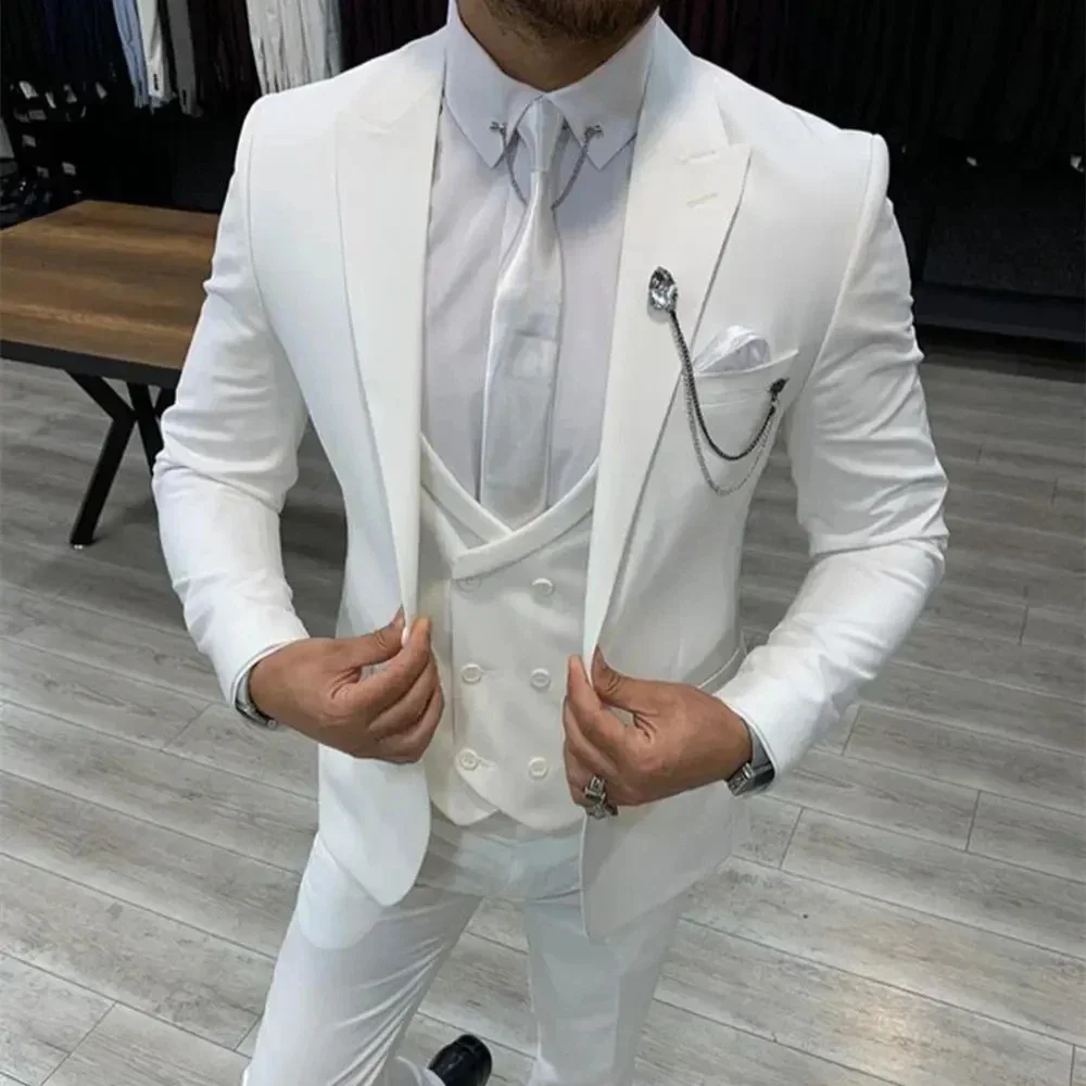 

White Solid Men Suits 3 Piece Gorgeous Wedding Groom Tuxedo Chic Business Casual Peak Lapel Male Suit Slim (Jacket+Vest+Pants)