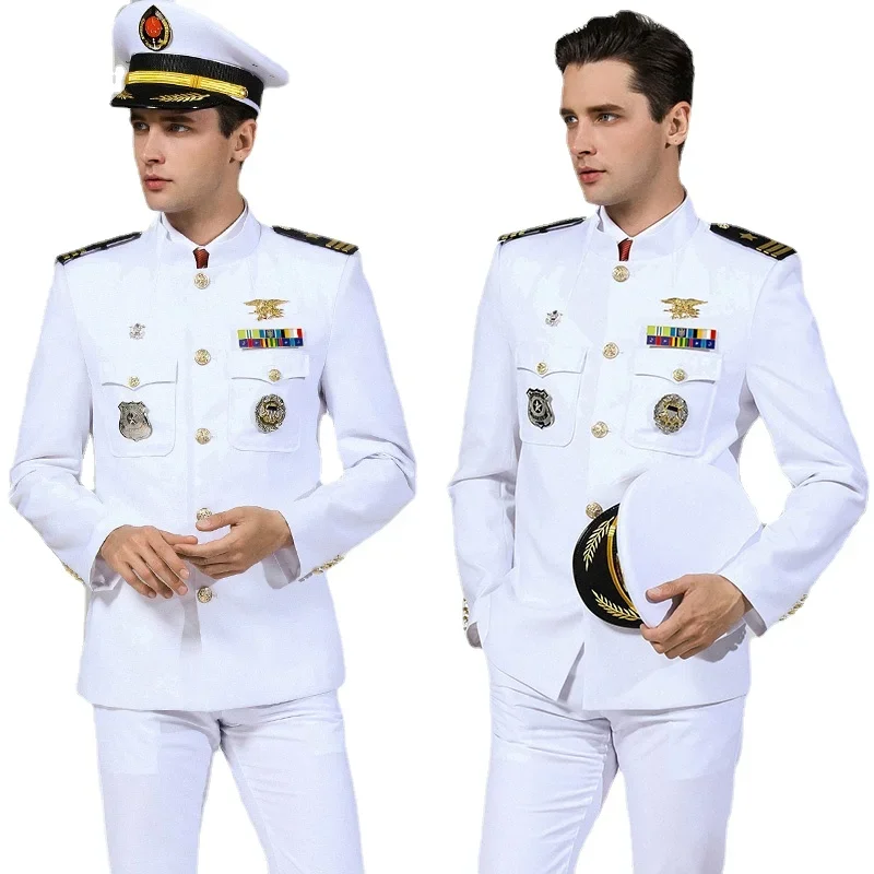 

US Navy Military Uniforms White Mariner Sailor Yacht Captain American Army Officer Suits Mandarin Collar Jacket Pants Hat