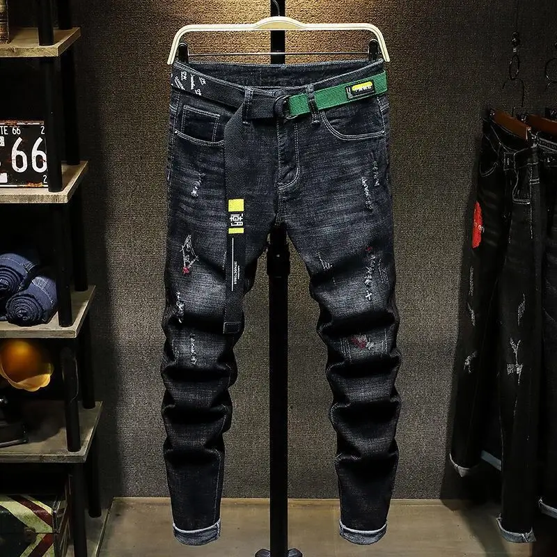 Korean Luxury Streetwear Punk Casual Slim Fit Denim Jeans for Spring and Autumn with 3D Embroidery Design men jeans mens jeans jeans trousers denim trousers