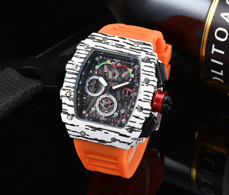 2022 Full-featured 6-pin Men's High Quality Quartz Watch Hollow Glass Back Stainless Steel Case Watch Black Rubber