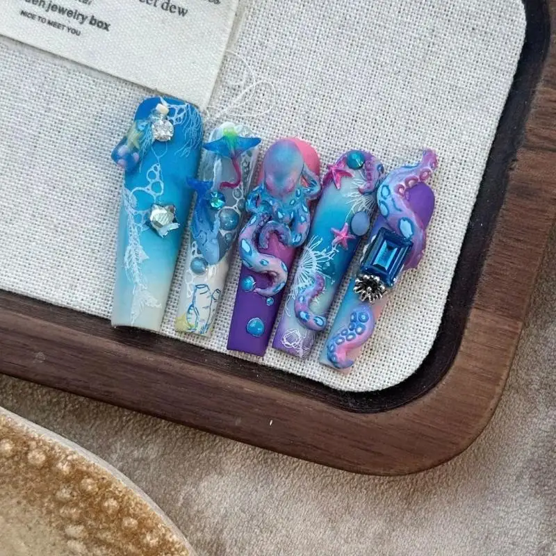 3D 네일 몰드 딥 씨 블루 링 문어 스탬핑 스텐실 UV 젤 폴리쉬 아트 몰드 실리콘 조각 도구 DIY 디자인 네일 참