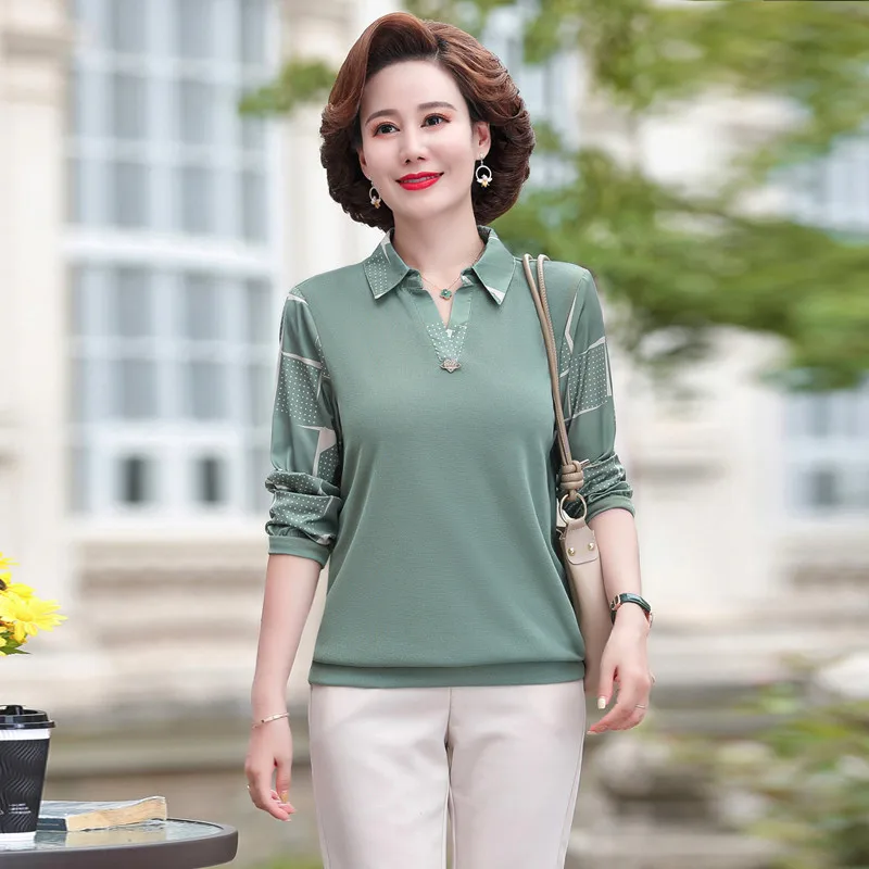 

2022 Spring Autumn New Large Size Middle-aged Mother Bottom Shirt Women Top Long Sleeve Loose Casual T-shirt
