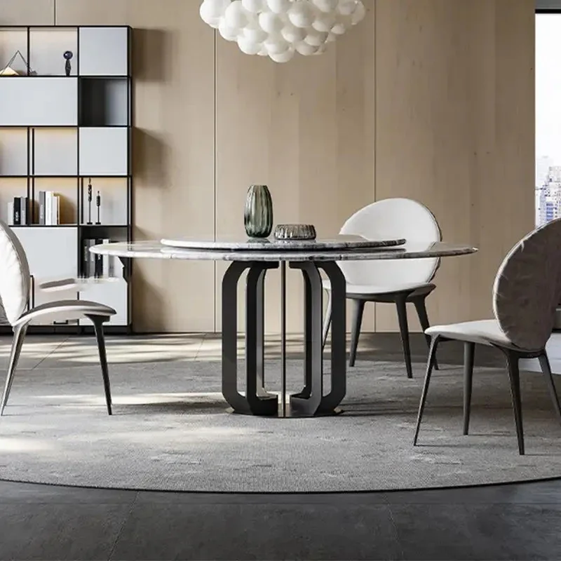 

Modern Kitchen Table Natural Texture Marble Desktop Black Luxury Carbon Frame Round Dinning Tables Mesas Redondas Furniture