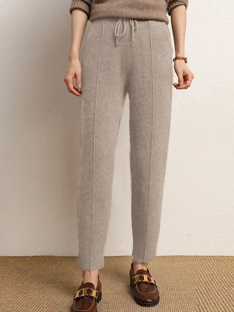 Women's 100% Pure Wool Slim Pants High Waist Autumn and Winter Cashmere Casual Knitted Pencil Pants Korean Thick Casual pants