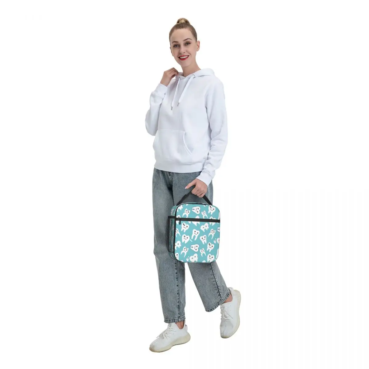 Funny Dental White Tooth Pattern Insulated Lunch Bags Dentist Teeth Portable Thermal Cooler Food Lunch Box Kids School Children