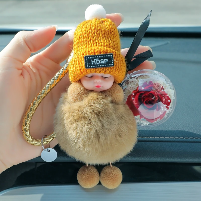 Fluffy Plush Sleeping Baby Hairball Doll Metal Keychain Various Color  Keyring Bag Car Jewelry Lanyard Men Women Couple Cute Gift