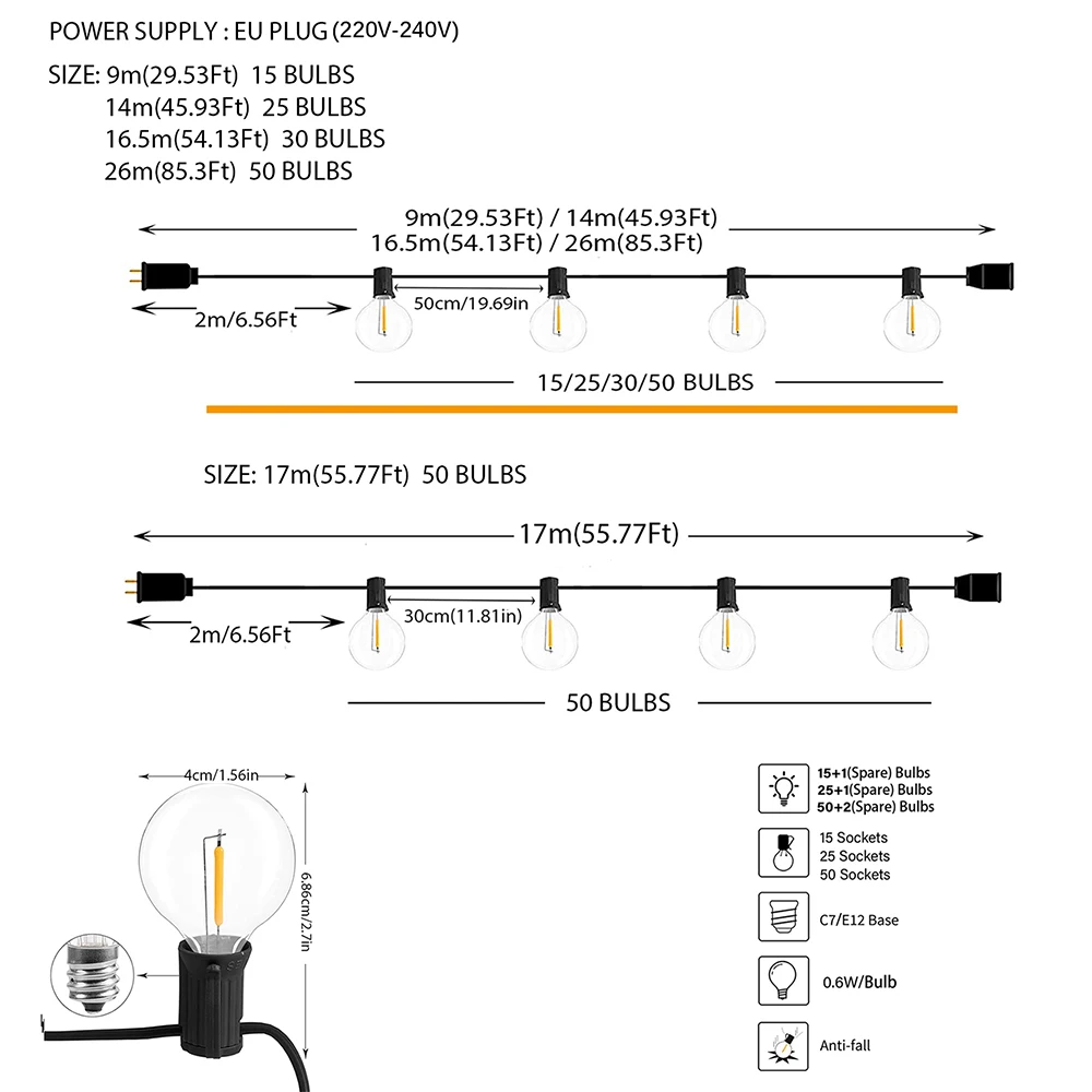 Luci a stringa per esterni LED dimmerabile G40 festone fata Patio lampada ghirlanda Wedding Street Camping Garden Party Decoration Lights