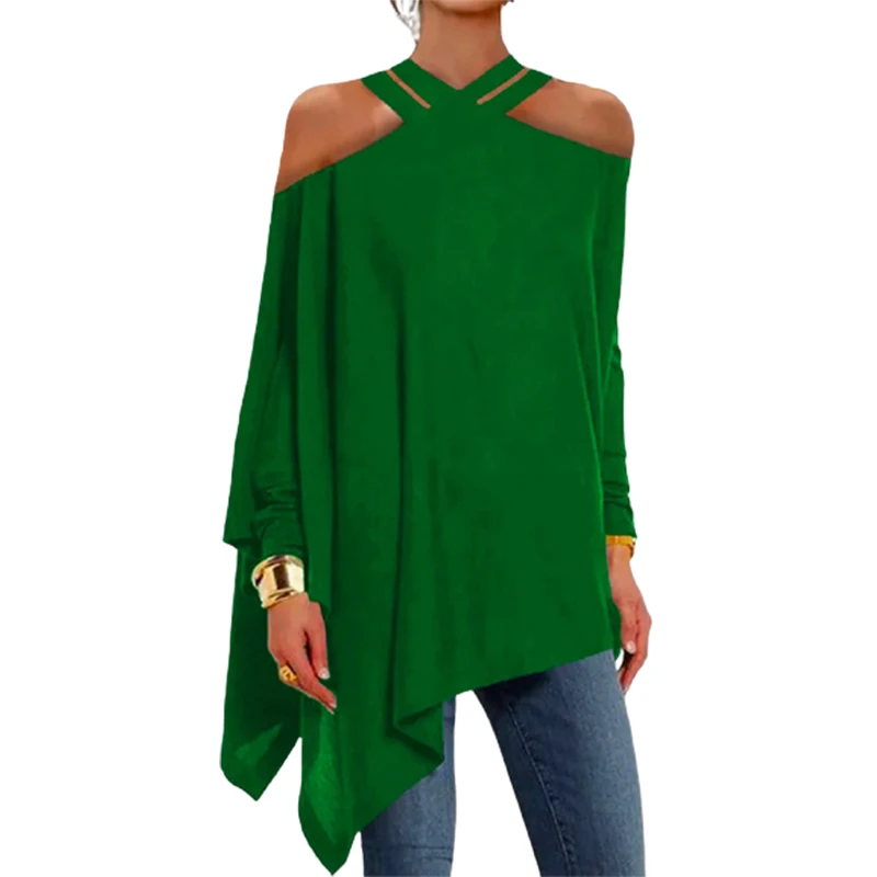 

Onecozyday 2023 Autumn New Solid Color Long Sleeves T-shirt Cold Shulder Asymmetrical Loose Fitting Shirt Tops for Urban Women