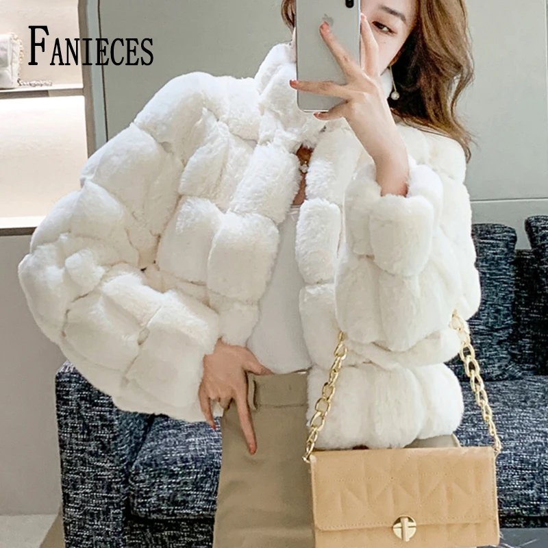 Fanieces Inverno Faux Rabbit Fur Coat Donna Manica Lunga Zip Risvolto Soprabito Spesso Caldo Peluche Giacca Abrigo Mujer Bontjas Fourrure