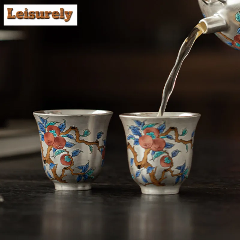 50ml Gilt Silver Persimmon Ruyi Teacup Retro Tea Bowl Water Jug Tea-tasting Meditation Cup Chazhan Master Cups Chinese Tea Set