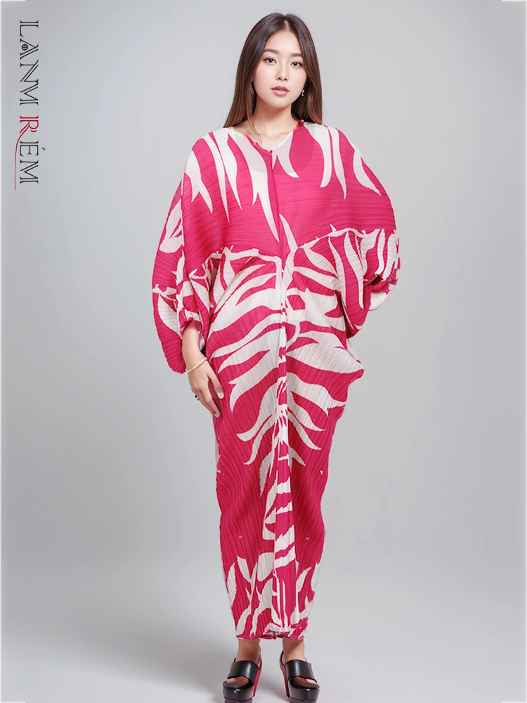 

LANMREM Maxi Pleated Dress For Women V Neck Batwing Sleeves Printing Loose Dresses Female Elegant Clothing 2024 Spring 2M538