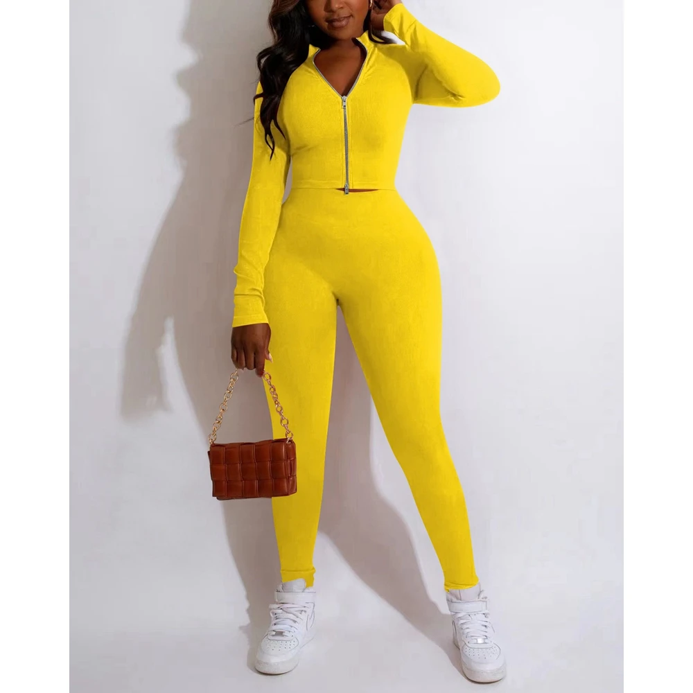 Casual Womens Tracksuit Zipper Design Long Sleeve Top & Skinny Pants Set Workout Tight Sporty Yoga 2 Piece Set for Women Outfits
