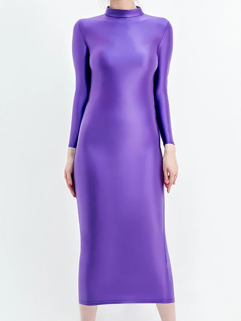 Girl dance costume Women Glossy Shiny Buttocks Sexy Jumpsuit Elastic Silk Smooth Dress High Neck Long Sleeve Dancewear Night Club Party Costume