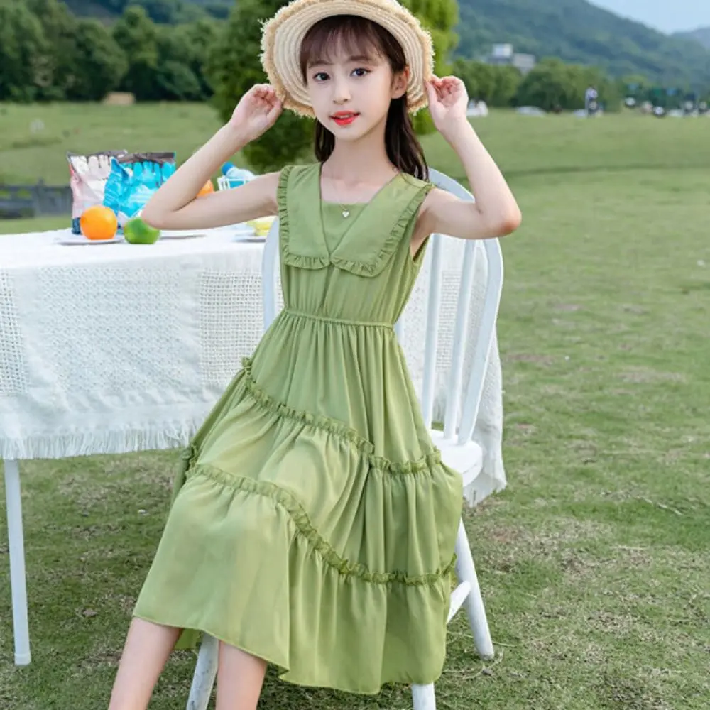 Fashion Doll Collar Girls Princess Dress Teens Party Summer Cake Dress Sweet Beach Vacation Children Long Dress Summer