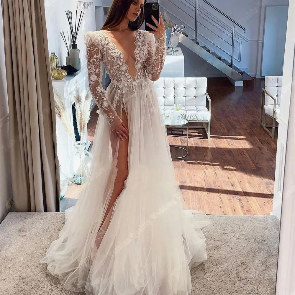 V-Neck Long Sleeves A-Line Tulle Wedding Dresses High Fork Women Bridal Gowns 2024 Mopping Length Vestidos De Novias Customized 4