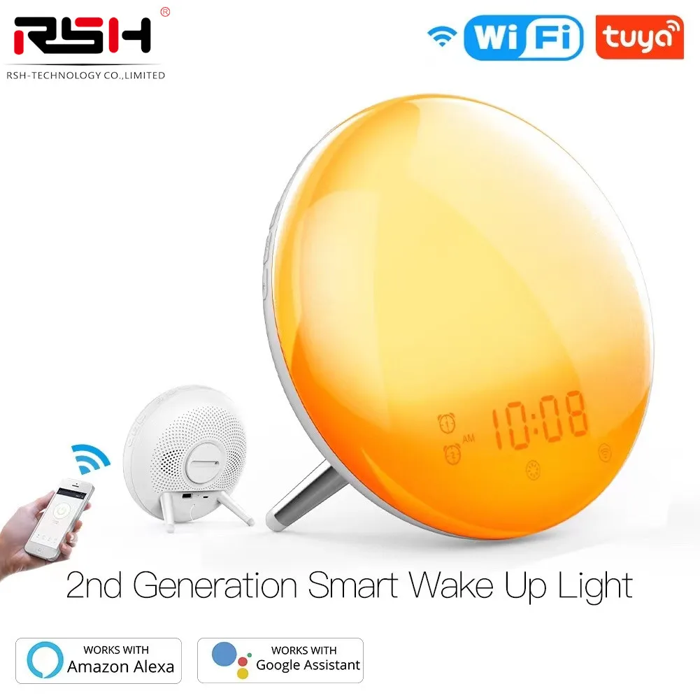 Tuya WiFi Smart Wake Up Light Workday Alarm Clock with 7 Colors Sunrise