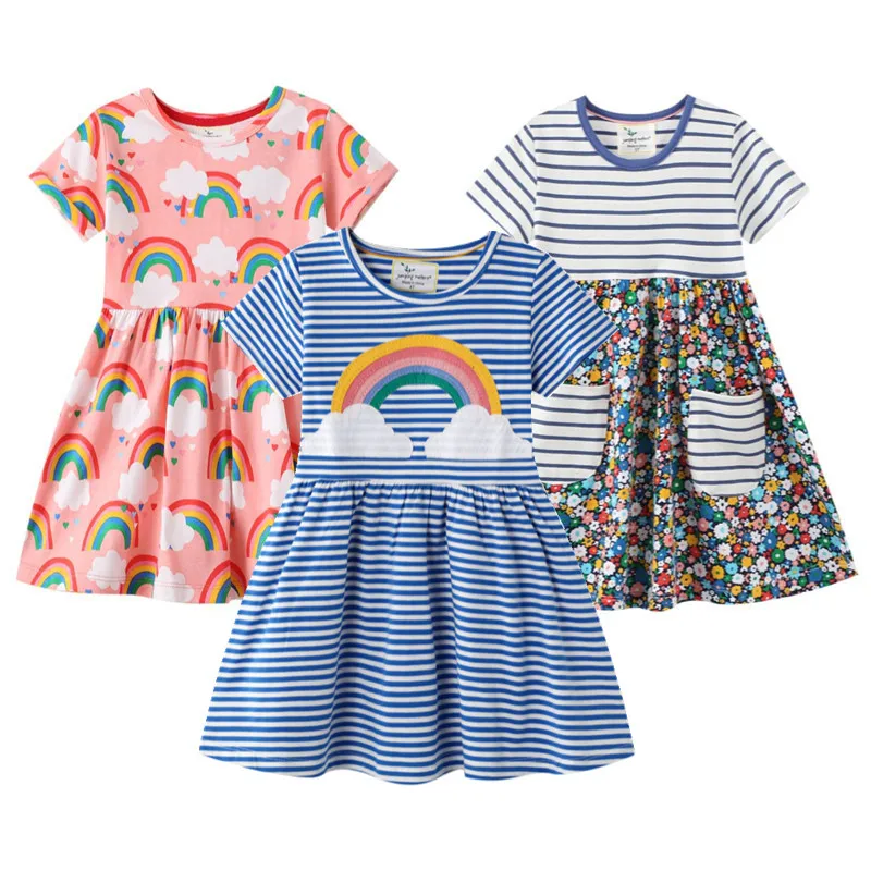 

Stripes Girls Dresses Rainbow Cloud Flower Print Birthday Gifts For Child Toddler Cotton Summer Kids Frocks Costume