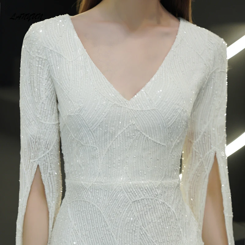 LANMU Women White Long Sleeve Sexy Sequin V-neck Elegant Vestidos Slim Luxury Shinny Split Long Sleeve Short Evening Dresses