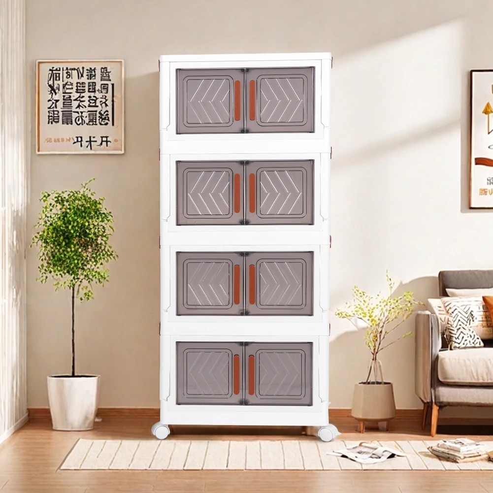 4 Tier Plastic Storage Box with Doors & Wheels Folding Storage Boxes Stackable Closet Organizers for Living Room Bedroom Office
