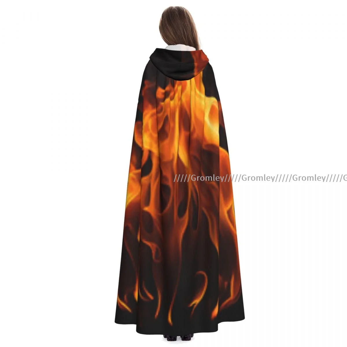 

Medieval Halloween Cosplay Cloak Hooded Coat Fire Flame Print Cape Coat Long Trench Costume Wizard Cloak