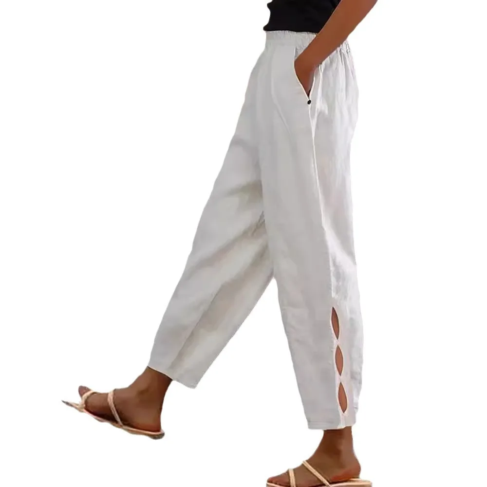 Women Fashion Embroidered Lace Trousers Vintage Lace-Up Pockets Pants Summer Elegant Loose Elastic Waist Long Pants Streetwears