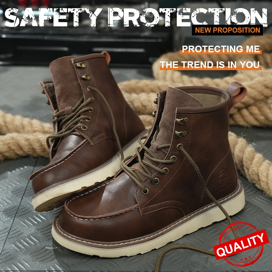 Two layer cowhide high top anti-smash anti-puncture breathable fashion labour insurance shoes safety shoes