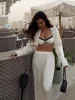 Casual Solid Women's Single Breasted O-neck Tops Sets Chic Satin Lace Up Elastic Waist Wide Leg Pants Suit Lady Vacation Outfits 1