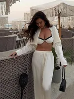 Casual Solid Women's Single Breasted O-neck Tops Sets Chic Satin Lace Up Elastic Waist Wide Leg Pants Suit Lady Vacation Outfits 1
