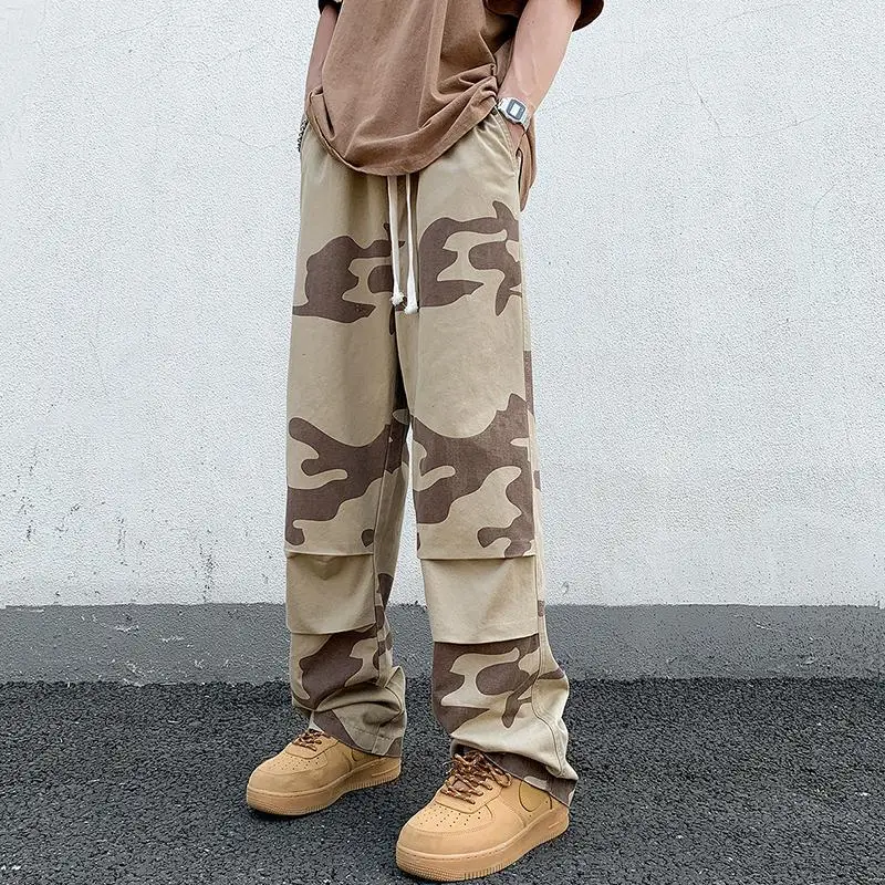 American Trend Vintage Summer Casual Cargo Pants Men Print Elastic Waist Drawstring High Street Loose Straigh Wide Leg Trousers