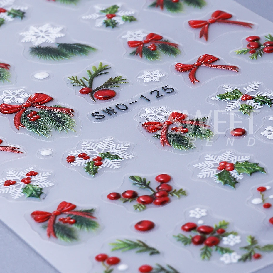 2pcs Cartoon Christmas Nail Art Stickers Self-Adhesive Winter Holly Snowflake Bow Santa Claus Reindeer Nail Decal Manicure Decor
