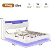 King Size Floating Bed Frame with Storage Headboard and Power Outlet，LED Lights, Solid Wood Slats Support,Velvet White 2