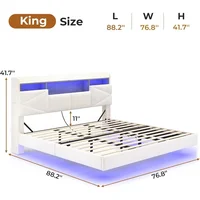King Size Floating Bed Frame with Storage Headboard and Power Outlet，LED Lights, Solid Wood Slats Support,Velvet White 2