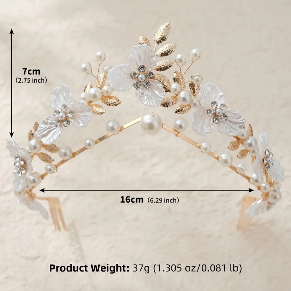SLBRIDAL Handgefertigte Kristall-Strass-Perlen Blumen-Blatt Braut-Tiara Stirnband Hochzeitskrone Haaraccessoires Damen Mädchen Schmuck – Detail 29