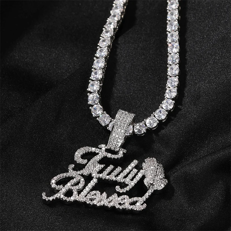 

Hip Hop Letter Truly Blessed Pendant With Praying Hand Charm Necklace For Men Women Tennis Chain Fashion Jewelry
