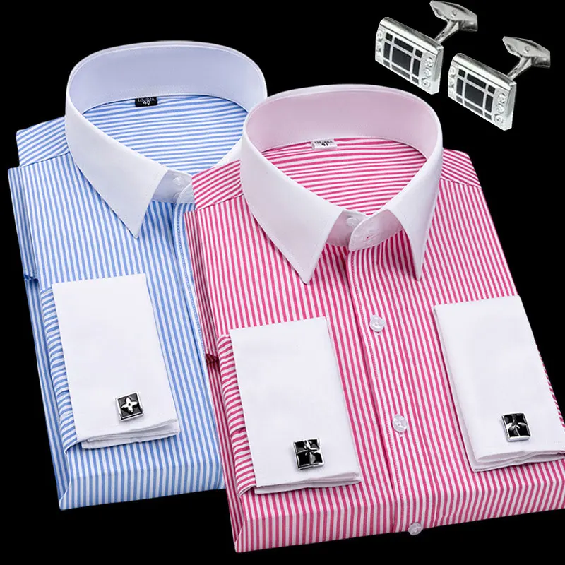 Summer Shirt Men's Long-Sleeved Shirt Spring/Summer Formal Business French Button Solid Color Striped Plus-Size Casual 6XL
