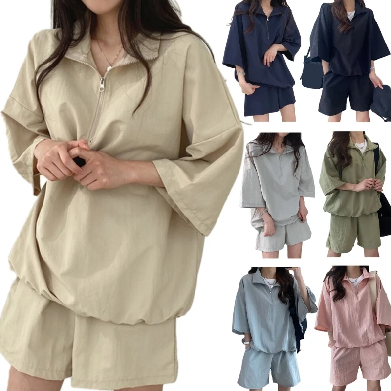 

Блузки на молнии с короткими рукавами, шорты с высокой талией, V-образный вырез, ткань для повседневного ношения