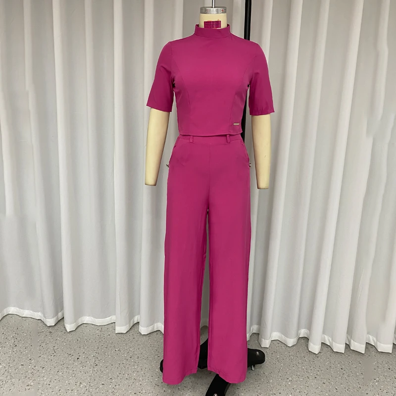 LIYONG Women Two Piece Set Summer Fashion Solid Round Neck Short Sleeve Top Casual Loose Wide Legs Pants Sets High Streetwear